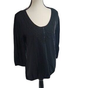 Faded Glory T Shirt Black 3/4 Sleeve Elastic Waist Embroidered Womens Size M